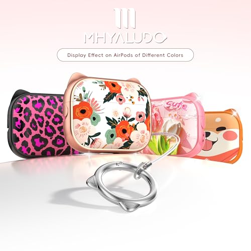 Image of for AirPods Pro 2 Case with Cleaning Kit, Cute Cat Ear Print Design & Cute Buckle for Girls, Phone Holder & Top Safe Lock Buckle Design for AirPods Pro 2nd /1st Gen case, Rose Gold Flower