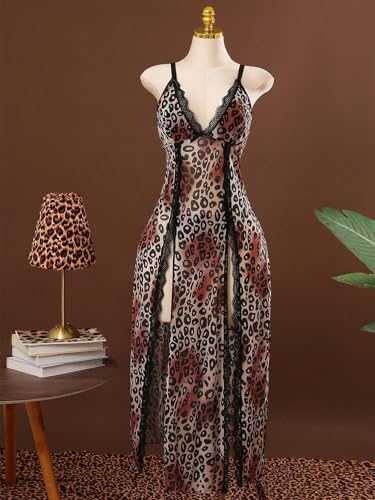 Image of Alrovetoney Plus Size Lingerie For Women Babydoll Sexy Mesh Maxi Nightdress Exotic Sleepwear Side Slits