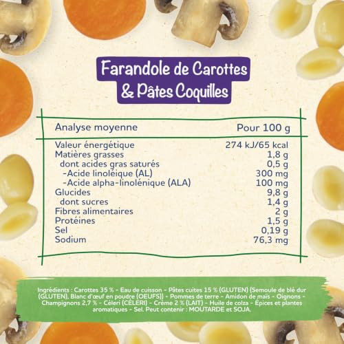 Blédina - Blédichef - Repas Bébé 18 Mois - 9 Plats Carottes Pâtes Coquilles - Petits Morceaux - Faible Teneur en Sel - Dès 18 Mois - 9 Assiettes 250g