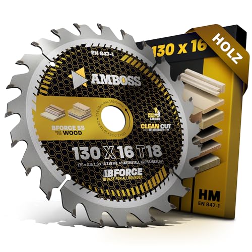 Lama per sega circolare HM 130 x 16 Z18, denti alternati per legno – taglio AMBOSS WERKZEUGE® 130 mm compatibile con Bosch PKS 14.4 V. PKS 38. PKS 40. PKS 40 S e S 43 SKIL 5140. 5240 e 5740 ecc.