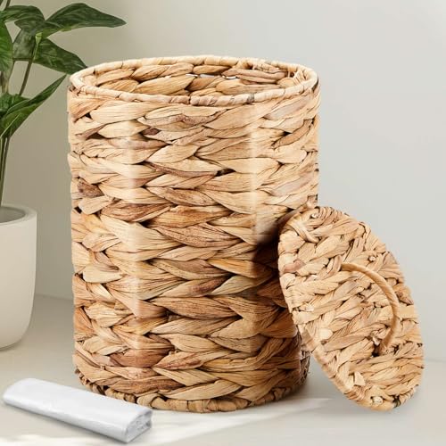 Image of Ctosree 3.8 Gallons Large Wicker Trash Can with Lid Handle Woven Wicker Rattan Bathroom Waste Basket Boho Trash Basket with 100 Plastic Garbage Bags for Bedroom Office Laundry (Classic Style, Nautral)
