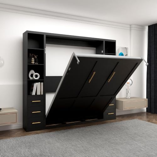 Image of KEIKI Queen Size Vertical Cabinet Murphy Bed with 2 Side Cabinet, Black | Multifunctional Foldable Hideaway Wall Metal Bed Frame, No Box Spring Needed, Easy Assembly, for Bedroom, Guest room