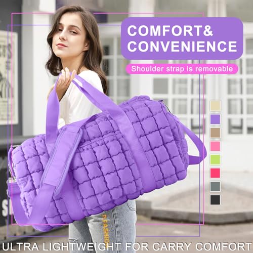 Image of Quilted Travel Duffle Bag Gym Bag for Women,Large Puffer Duffle Weekender Bag with Compartment,Workout Overnight Carry on Organizer Bag Duffle Bag for Airplane Travel(L-Purple)