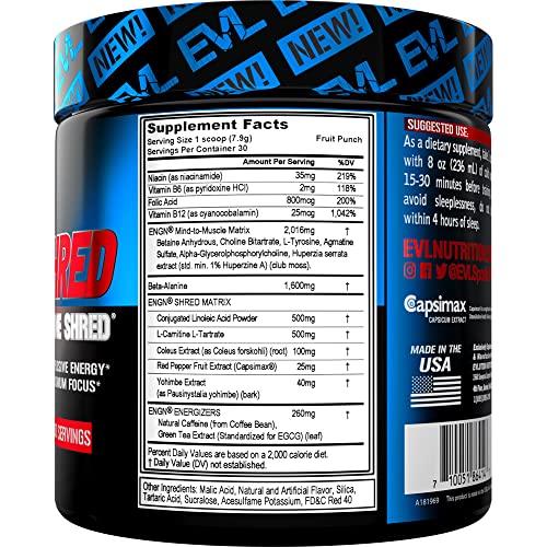 Evl Ultimate Pre Workout Powder - Thermogenic Fat Burn Support Preworkout Powder Drink For Lasting Energy Focus And Stamina - Engn Shred Intense Creatine Free Preworkout Drink Mix - Fruit Punch #TOP1