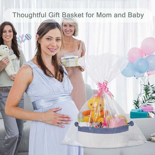 Image of COMSE Small Gift Basket Empty with Bag & Ribbons, Folkstone Gray & White