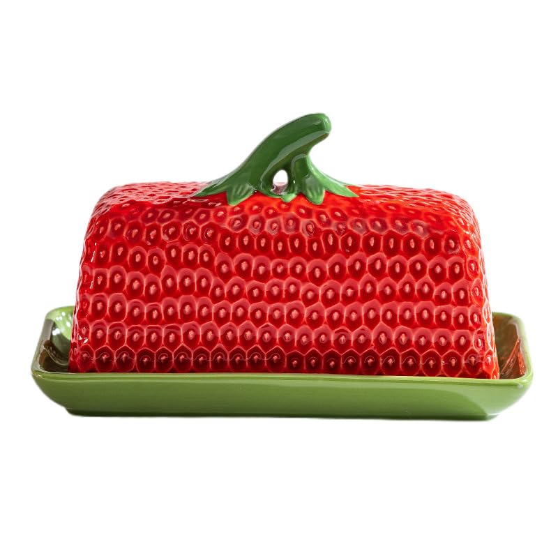 Strawberry Shaped Butter Dish, Ceramic Butter Keeper & Cheese Storage Box, Kitchen Organiser, 19.5x9.5x11.5cm, Red
