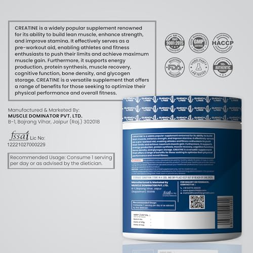 Image of QuenchLabz Creatine Powder 3000 mg | Mircronized Creatine Monohydrate | Creatine Monohydrate 100g for For Lean Pump and Volumization | Gym Supplement for Men for Pump and Strenght - Unflavoured Powder - 33 Servings - Pouch (100 GM, Unflavoured)