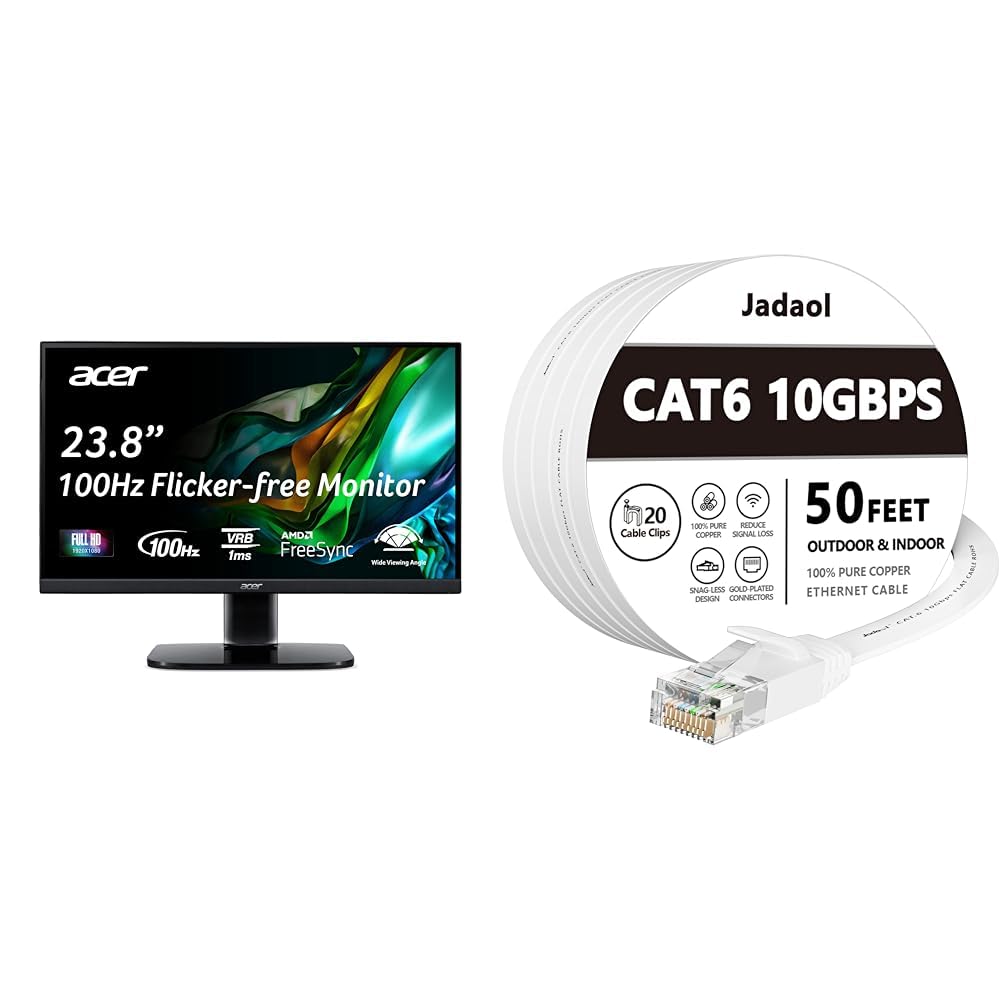 acer KC242Y Hbi 23.8" Full HD (1920 x 1080) Zero-Frame Gaming Office Monitor & Jadaol Cat 6 Ethernet Cable 50 ft, Outdoor&Indoor 10Gbps Support Cat8 Cat7 Network