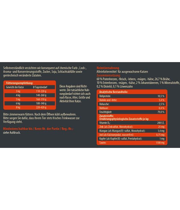 Dehner Wild Nature Katzenfutter Hochmoor, Nassfutter getreidefrei, für ausgewachsene Katzen, Ente / Pute, 6 x 200 g Dose (1.2 kg)