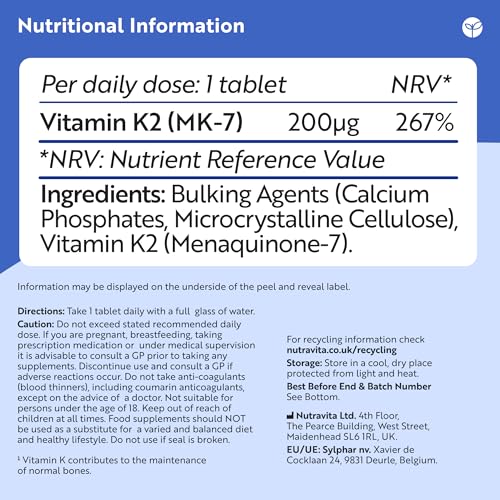 Vitamin K2 MK 7 200mcg - 1 Year Supply - 365 Vegan Micro Tablets (Not Capsules) - Supports Maintenance of Normal Bones - High Strength Menaquinone MK7 - Made in The UK by Nutravita - Image 6