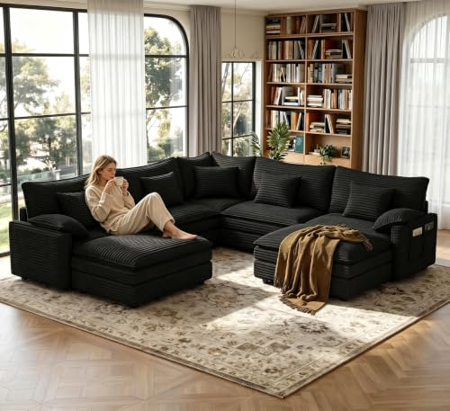 Image of Vesgantti 101 inch V Shaped Sectional Modular Couch, Comfy Cloud Sofa, Black