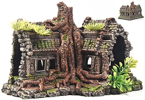 PTFJZ Aquarium Decorations Large Fish Tank Ornament Reptile House Shelter Decor Aquarium Hides with Betta Cave Temple Ruins Tree House Aquarium Landscape Decoration by PTFJZ - Used condition - US$21.44