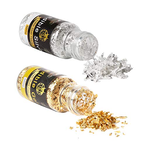 Edible Gold Leaf Flakes 24 Carat Gold and Pure Silver Flakes 50mg for Crafting Food Cakes Baking Decorative Foil Art Supplies