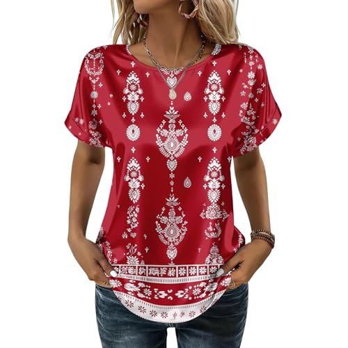 Women Printed Short Sleeve Satin Blouse Fashion Dressy Casual Loose Business Tops Round Neck Summer Silk Shirts