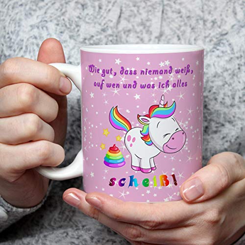 TRIOSK Tasse Einhorn mit Spruch lustig Scheiss Drauf Geschenk für Einhornfans Frauen Freundin Mädchen Kinder Unicorn Regenbogen Rosa Bunt - 4