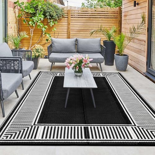 MilleLoom 10x20 Large Outdoor Patio Rug Modern Striped Plastic Straw Outdoor Rugs Waterproof Foldable UV Resistant Camping Reversible Mats for Deck Picnic Camper Balcony Beach RvBlack/White