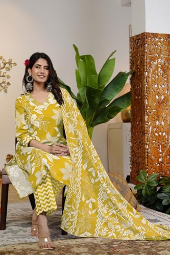 Image of MIRCHI FASHION Women's Straight Fit Pure Cotton Jaipuri Floral Printed Sequins Thread Work Kurta Set with Dupatta and Trouser