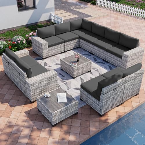 12-Piece Outdoor Patio Furniture Set Wicker Sectional Sofa Set, Patio Conversation Set with Thickened Cushions & Coffee Table for Garden, Backyard, Poolside, Dark Grey