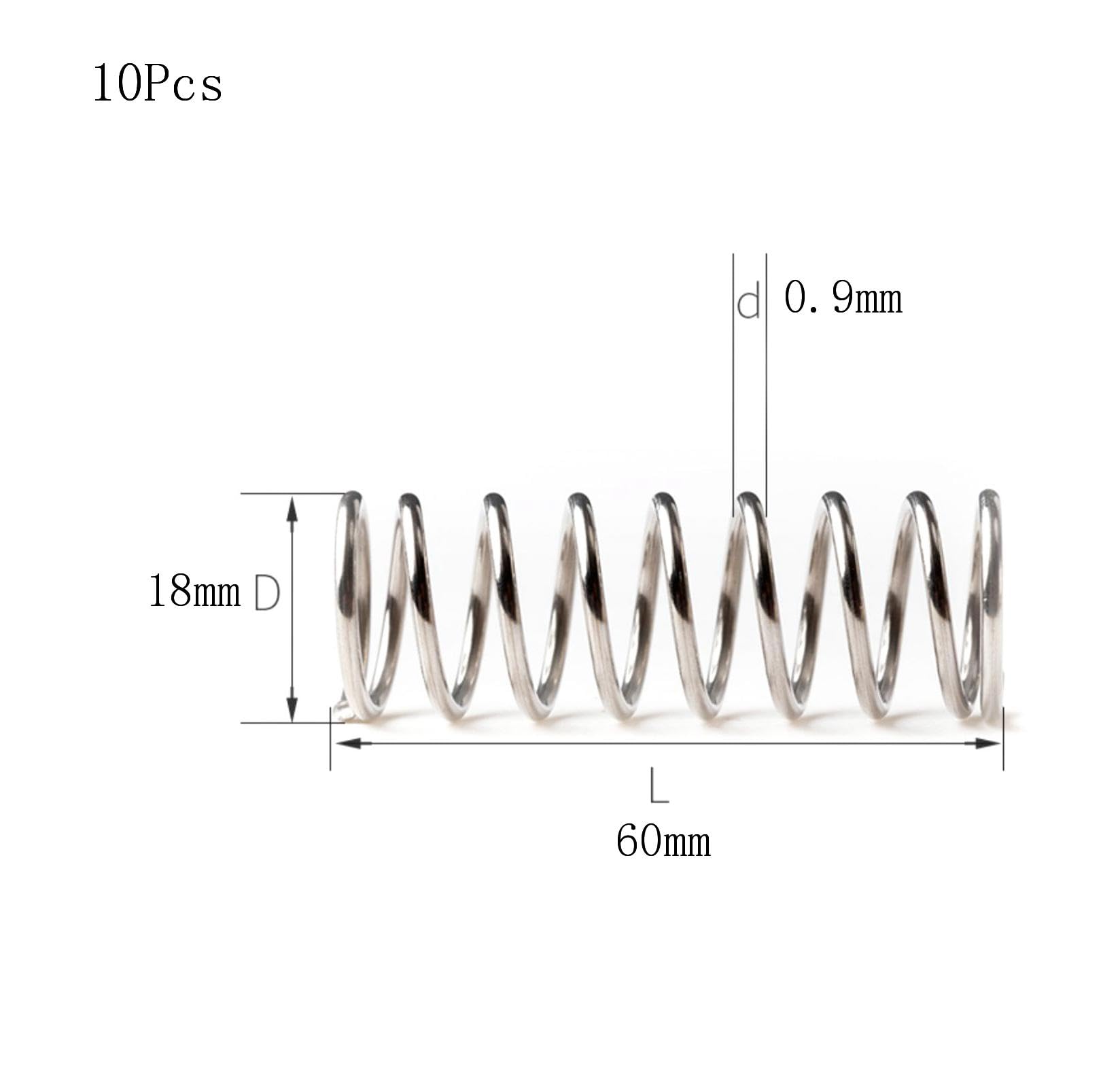 10 szt. sprężyna dociskowa ze stali nierdzewnej 0,9 mm średnica drutu 18 mm OD 60 mm długość, sprężyna przedłużona ze srebrną spiralą