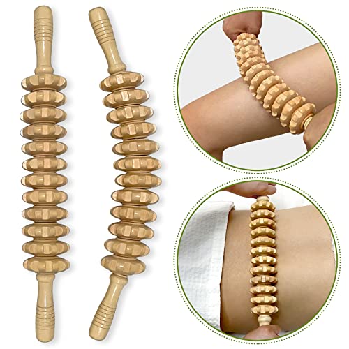 Deston 2Pcs Wooden Therapy Massage Stick 12 Roller Tool For Maderoterapia, Lymphatic Drainage, Handheld Cellulite Trigger Point Manual Muscle Release Rolling Massager Stick, Curved + Straight #TOP10