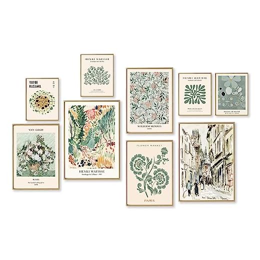 Sage Green Wall Art Prints Eclectic Decor, ASTRDECOR 9 PCS Sage Green Wall Decor Aesthetic, Green Matisse Wall Art Exhibition Poster Set, Green Eclectic Home Decor for Teen Girl's Dorm, Bedroom, Living Room, Gallery, Bathroom, Hallway- Unframed