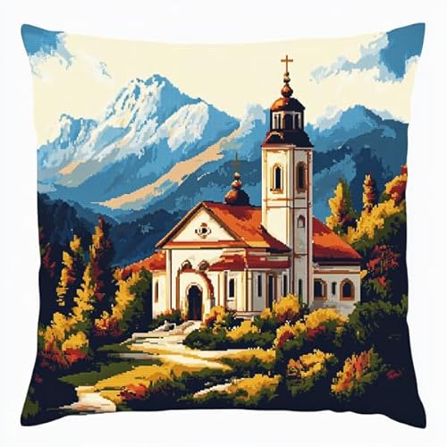 ANSIWEIGO Cojín de nudos, 43 x 43 cm, kit de anudado con ganchos, para principiantes y adultos, lienzo impreso, cojín decorativo 3D para sofá, iglesia de montaña