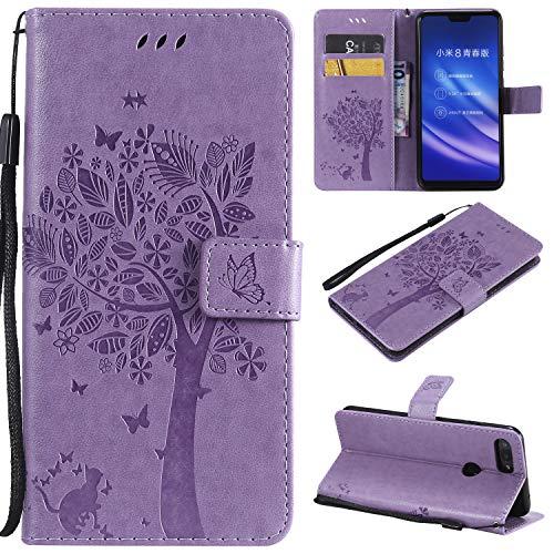 Zchen Funda Xiaomi Mi 8 Lite, Funda Piel con Tapa Suave TPU y Cuero de PU Tipo Libro Billetera Resistente a los Golpes Carcasa para Xiaomi Mi 8 Lite 6.26' (Gato-Morado)