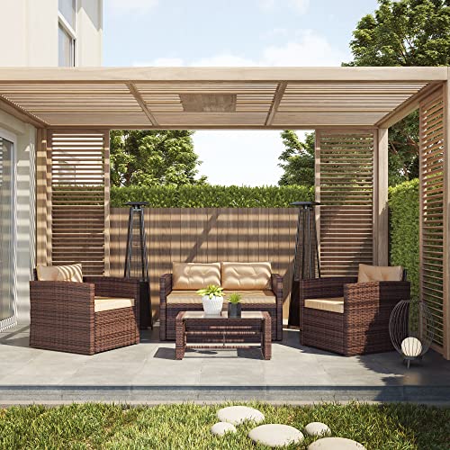 Belleze 4 Piece Deep Seating Rattan Patio Conversation Set, Tempered Glass Rectangular Table And Chairs With Armrests, Outdoor Wicker Furniture With Removable Cushions - Brown #TOP4
