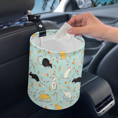 Image of Car Trash Bag Portable Garbage Bin Cute Rats Floral Leaf Printed for Car Front Seat, Back Seat, Floor, Easy to Clean Accessory Car Interior Decoration