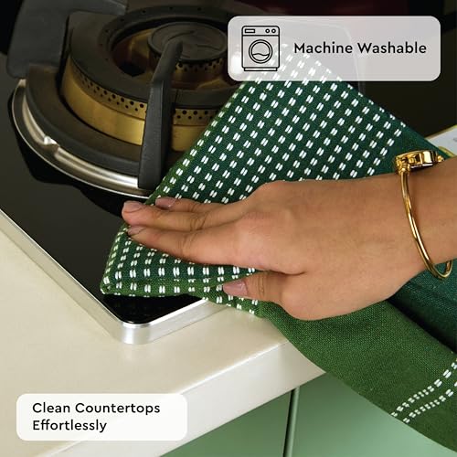 Image of Encasa XO Cotton Kitchen Towel Set - Super Absorbent 70X45 Cm Tea Towels & Dish Cloths For Washing Up, Drying Dishes, And Cleaning - Ultra Soft And Durable - Pack Of 4 - Green
