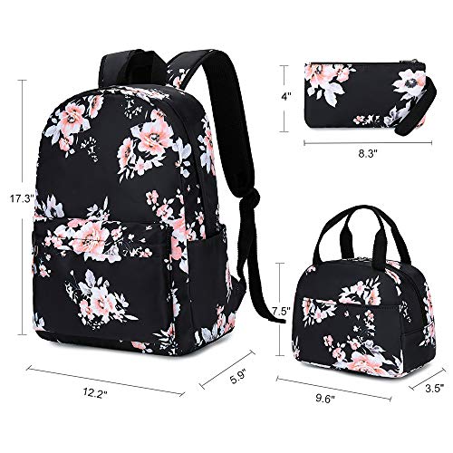 CAMTOP Girls Backpack with Lunch Box set Teen Backpack for School Bookbag, 074-black Flower, Medium, Y074-3
