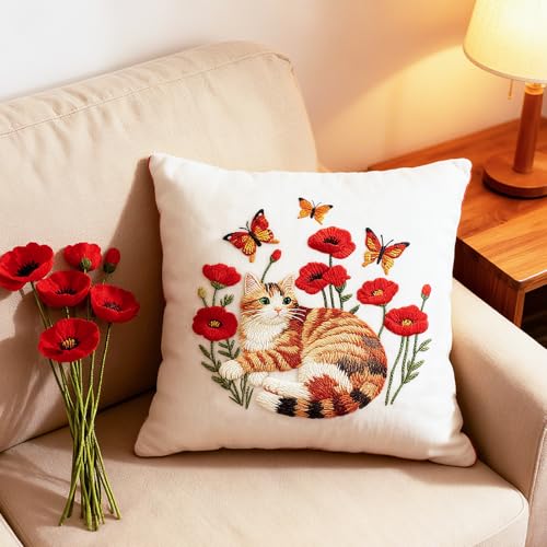 Image of BEUNITONE 4 Set Embroidery Kit for Beginners, Cat and Butterfly Pre-Stamped Pattern Needlepoint Kits for Adults with Hoop and Instruction, Cute Hand Embroidery Patterns for Cloth and Home Decor