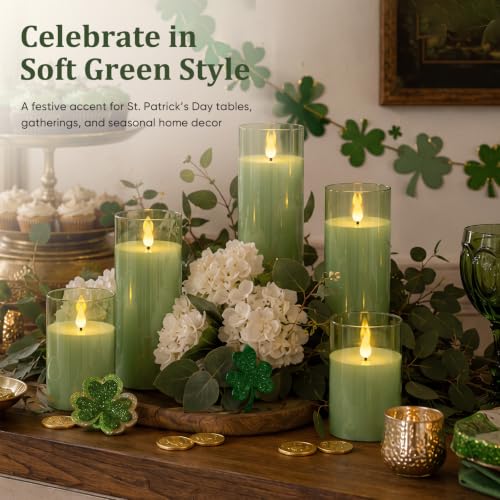 Image of Homemory Sage Green Flameless Candles, Acrylic LED Pillar Candles with Remote Timer, Set of 5