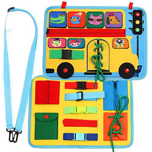 Busy Board Montessori Toys for Toddlers, School Bus Preschool Educational Learning Toy, Basic Life Skills and Fine Motor Activity for Kids, Learn to Dress Sensory Toy as Airplane or Car Travel Game