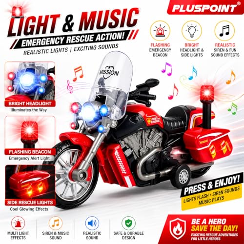 Image of PLUSPOINT Fire Rescue Bike Toy for Kids | Friction Powered Push & Go Fire Motorcycle with Lights & Music | Emergency Rescue Vehicle Simulation Toy for Boys & Girls Age 3-6 Years