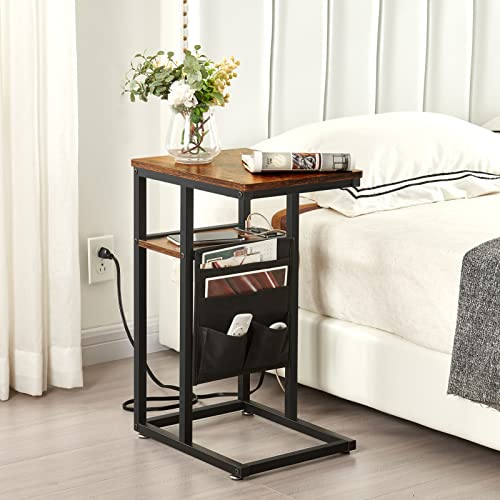 SUPERJARE-C-Table-with-Charging-Station-Small-Side-Table-C-Shaped-End-Tablewith-Fabric-Bag-for-Small-Spaces-Living-Room-Bedroom-Rustic-Brown