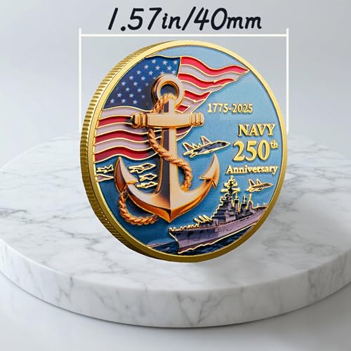 Image of Navy & Marine Corps 250th Anniversary Challenge Coin Double-Sided Gold Plated Military Commemorative Coin US Navy Collectible Warship Coin Veteran Gift, Armed Forces Memorabilia Sailor Souvenir (Navy)