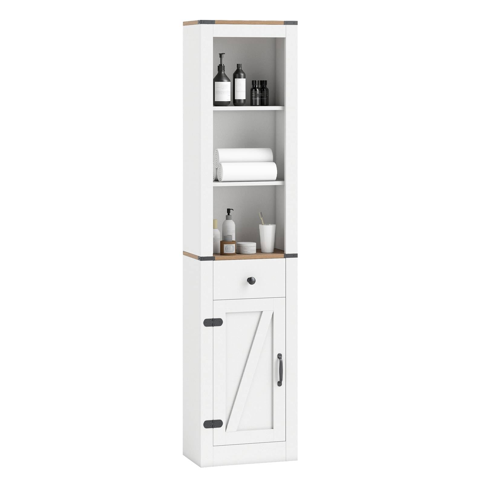 COSTWAY Bathroom Tall Cabinet, Farmhouse Slim Bathroom Storage Unit with Barn Door, Drawer and Open/Adjustable Shelf, 173cm High Wooden Freestanding Narrow Floor Cupboard for Living Room Kitchen