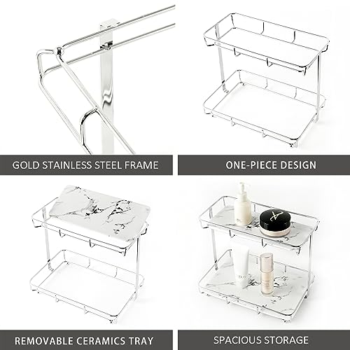 Bathroom Organizer Countertop Perfume Organizer Makeup Organizer Cosmetics Storage Display Rack Vanity Tray Dresser Stainless Steel Gold Shelf White Marble Ceramic Tray (2 Tier L-Sliver)