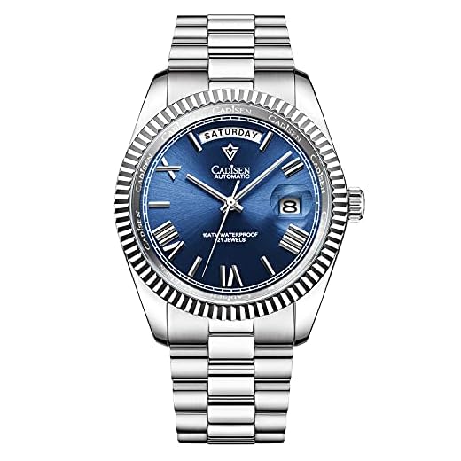 CADISEN Reloj automático para hombre con reserva de marcha automática cristal de zafiro impermeable pulsera de acero inoxidable.., azul, 40MM, Pulsera