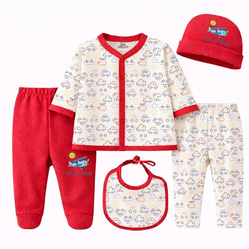 Image of Kidbee Baby Clothing Gift Set for Boys & Girls, 5 Piece Newborn Clothing Combo with Front Open Top, Pajama, Printed Pant, Cap & Bib, Soft Cotton, 0-6 Months Baby