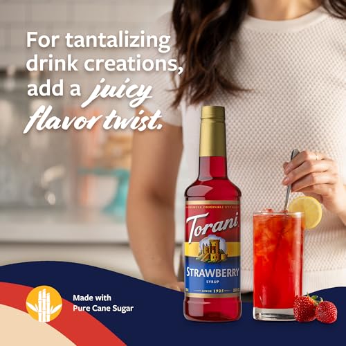 Image of Torani Strawberry Syrup for Drinks, Flavoring for Iced Tea, Lemonade, and Sodas, Pump Included, 25.4 Oz