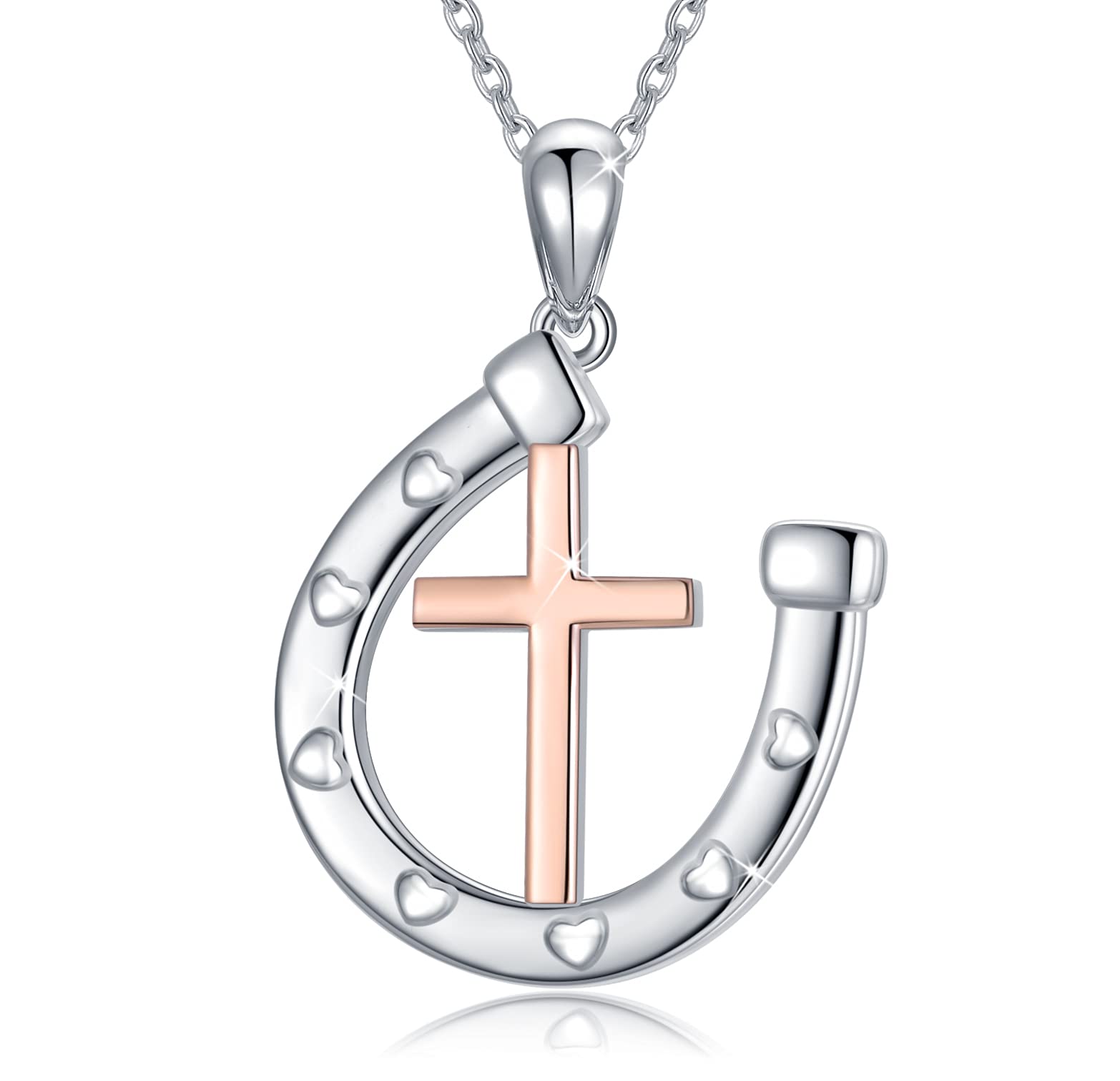MEDWISE Faith Cross Sterling Silver Horseshoe Pendant Necklace - Silver/Gold for Women Horse Lovers