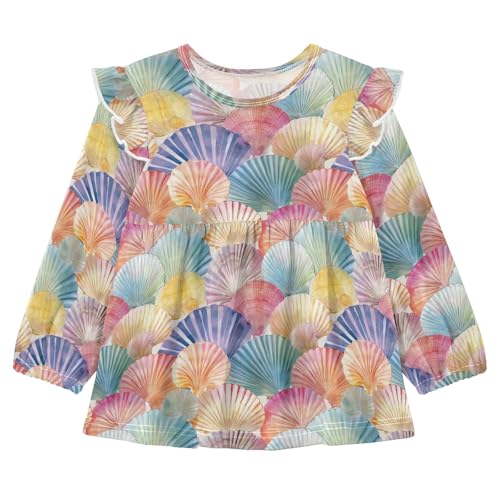 Colorful Seashell Q Girls Shirts Cotton Long Sleeve Ruffle Toddler Tee Tops - Main Image