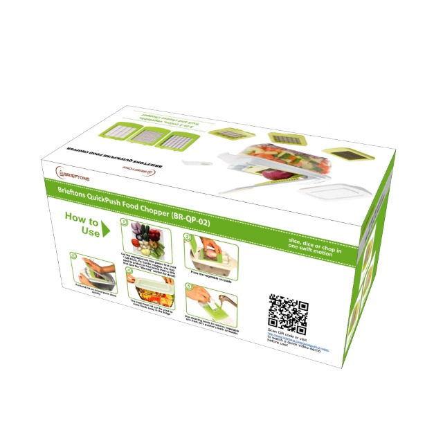 QuickPush Food Chopper (BR-QP-02): 200% More Container Capacity, 30% Heavier Duty, Kitchen Vegetable Fruit Dicer, Onion Tomato Potato Fries Cutter, with 3 Dicing Blades & Lid