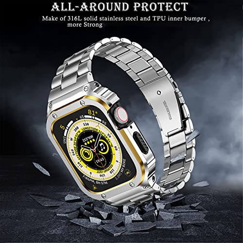 Image of MioHHR Stainless Steel Band and Case Compatible with Apple Watch Band 45mm | Men Metal Protective Bumper Cover with Straps for iWatch 45mm Series 9 /8 /7, Silver /Gold