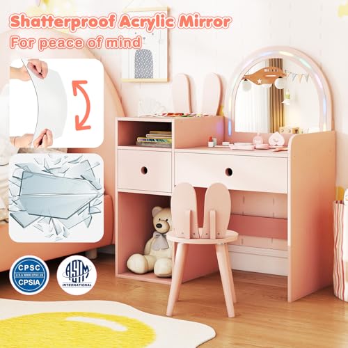 Image of HONEY JOY Kids Vanity with Lights, Rabbit Themed Princess Makeup Dressing Desk, Storage Cabinet, Wooden Pretend Play Toddler Vanity Table & Chair Set with Lighted Mirror for Little Girls (Pink)