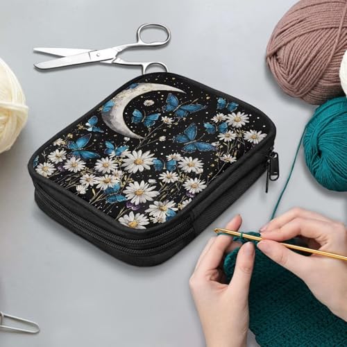 Image of Moon Daisy Butterfly Crochet Hook Case Crochet Hook Holder Portable Storage Bag with Web Pockets Suitable for Needles /Knitting Accessories