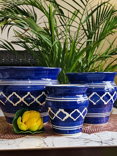 Image of Niyara Stylish Ceramic Pots Planters for Indoor Plants,Succulent,Outdoor,Balcony,Home,Garden,Office (Set of 3) Size -Large 9 inches 7 inches & 5 inches (Moroccan Blue)