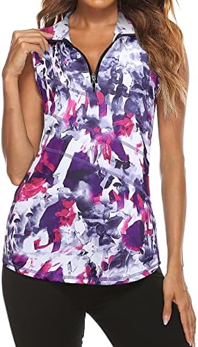 Tanst Sky Sleeveless Golf Tank Tops for Women, Ladies Golf Outfits Zip Up Collared Racerback Sleeveless Shirts Moisture Wicking Quick Dry Apparel Running Tennis Yoga Clothes Tie-Dye Purple Medium